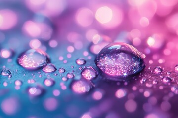 Poster - Close-up of water drops on a surface with pink and blue bokeh lights.
