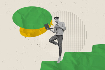Poster - Contemporary poster trend art collage of happy man stand one leg hold laptop correspondence bubble chatterbox message notification