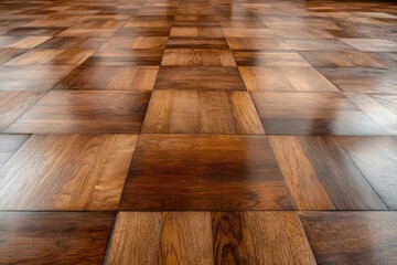 Wall Mural - Detailed view of polished wooden floor showcasing intricate parquet pattern and rich wood tones in natural light