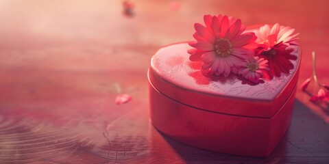 Sticker - Red box with pink flowers on top of it. The box is placed on a wooden table