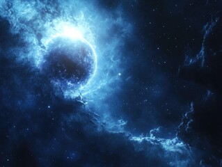 Wall Mural - blue sky with a large planet in the middle. the planet is surrounded by a cloud of stars