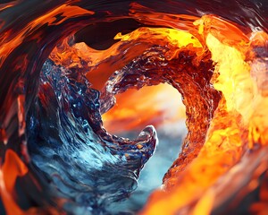 Poster - A stunning visualization of dynamic water and fire elements merging into a captivating swirl, representing the powerful forces of nature in vibrant colors and fluid motion.