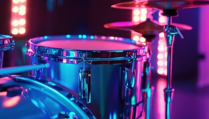 Wall Mural - Drum set with vibrant lighting, sleek design, soft glow