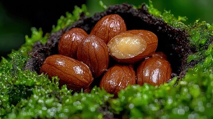 Sticker - Almonds nestled in moss-covered tree hollow, one cracked open revealing the kernel.