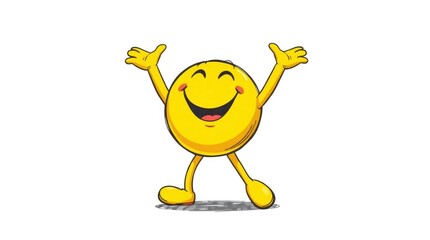 Wall Mural - A cheerful yellow emoji dances joyfully, arms raised high and a wide smile on its face, radiating positivity and excitement in a playful atmosphere