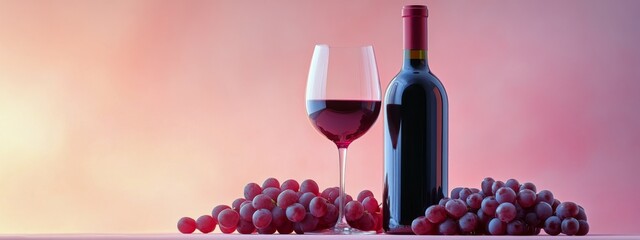 Poster - Red wine bottle and glass with fresh grapes on a pink background showcasing a peaceful and elegant setting for a