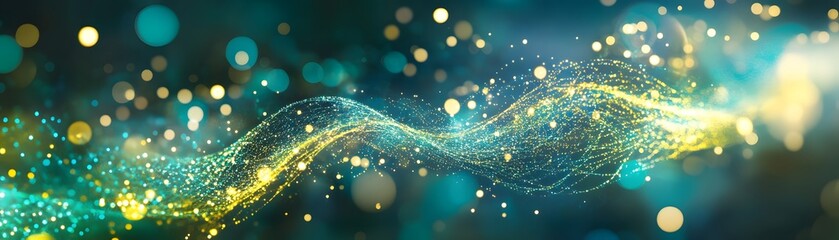 Poster - A vibrant wave of light and colors, blending golden and teal hues with sparkling effects. This abstract image evokes a sense of motion and creativity, perfect for design projects.