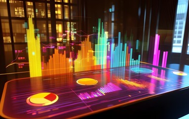 Poster - a vivid holographic display of colorful data visualizations and charts, conveying insights in a mode