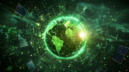 Poster - A visually captivating representation of Earth surrounded by advanced technology, showcasing a dynamic green glow