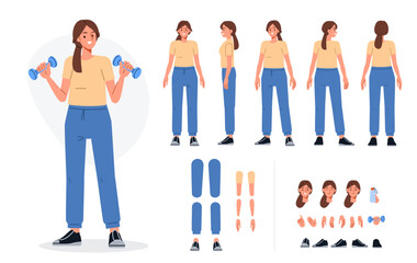 Wall Mural - fitness active girl wearing sport clothes. character for animation. front, side and back view set. b