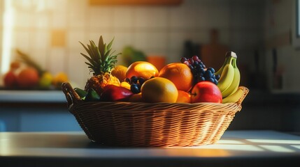 Wall Mural - Fruit basket with vibrant colors, soft lighting, cozy kitchen atmosphere