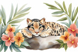 Relaxed Ocelot Resting on Rock, Tropical Floral Border, Watercolor, Wildlife Illustration.