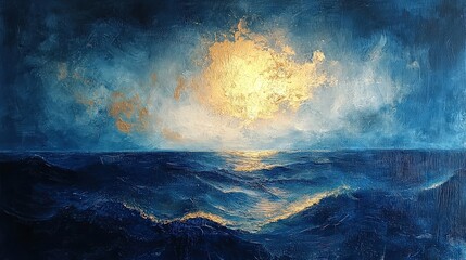 Poster - A luxurious abstract painting of an ocean seascape, featuring deep blue hues, golden accents, and shimmering textures evoking tranquility and elegance.