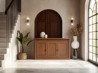 Wall Mural - Hallway with a wooden cabinet and a plant. The cabinet is brown and has three drawers. There is a white vase on the cabinet and a white vase on the floor. The hallway is empty