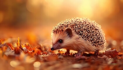 Wall Mural - Hedgehog walking with vibrant fur, soft lighting, cozy garden atmosphere