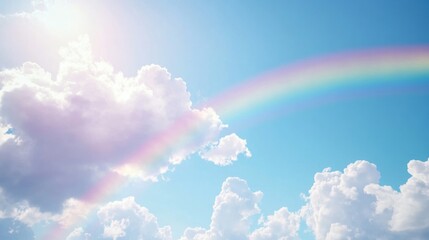 rainbow clouds create a picturesque sky over mountainous terrain. clear blue skies under the bright 