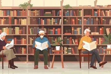 Poster - Elderly individuals engaged in reading and studying in a cozy library environment filled with books. Generative AI