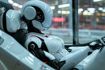 Poster - Futuristic humanoid robot is driving a car in a factory, showcasing the advancements in artificial intelligence and automation