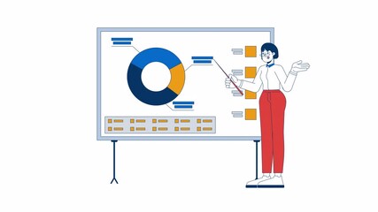 Poster - Asian woman manager pointing on pie chart presentation board 2D character animation. Employee cartoon 4K video, alpha channel. Female analyst piechart whiteboard animated person on white background