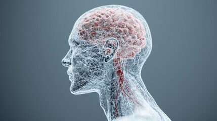 Wall Mural - Numbness, tingling Transparent human head showcasing intricate brain structure and neural connections.