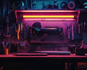 Poster - Saw with vibrant lighting, sleek design, cozy workshop setup