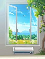 Poster - Air conditioner mounted on wall with an open window revealing a scenic outdoor view of mountains and greenery. Generative AI