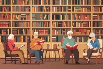 Poster - Elderly individuals engaged in reading and studying in a cozy library setting filled with books. Generative AI