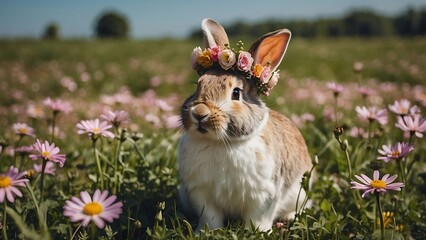 Adorable bunny rabbit wearing a crown of flowers is sitting in a field of flowers