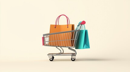 Online e-commerce aims to increase conversion rates Shopping cart filled with colorful bags against a light background.