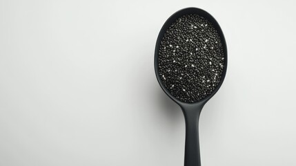 Poster - Spoonful of black seeds is displayed on a white background. The spoon is black and the seeds are also black. Concept of simplicity and minimalism, with the focus on the black color of the spoon