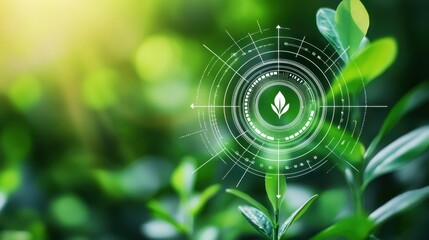 Poster - Digital Leaf Icon on Fresh Green Background with Sunlight Effect