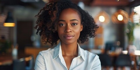 A confident young black female with short curly hair, smiling warmly at the camera in an office setting.