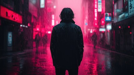 Poster - A figure stands in the rain amidst neon city lights.
