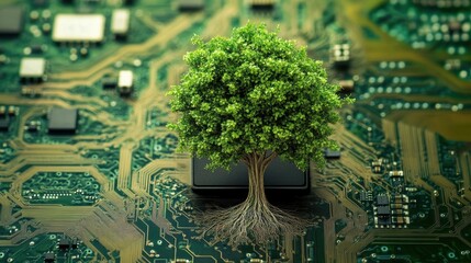 Poster - Tree Growing from Microchip on Circuit Board, Nature and Technology