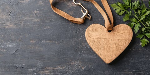 Wall Mural - A wooden heart-shaped pendant hangs from a strap, placed on a dark surface with a touch of greenery nearby.