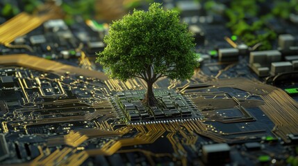Poster - Tree Growing on Circuit Board Representing Nature and Technology