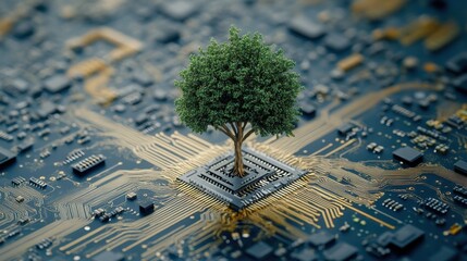 Poster - Tree on Circuit Board Symbolizing Nature and Technology Fusion