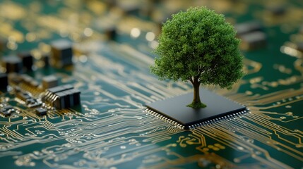 Poster - Tree Growth on Circuit Board Concept Symbolizing Technology and Nature