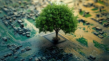 Poster - Tree Growing on Circuit Board Symbolizing Technology and Nature