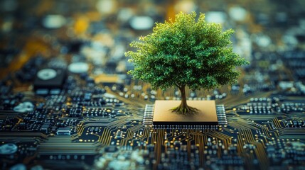 Poster - Tree Growing from Microchip Surrounded by Circuit Board Elements