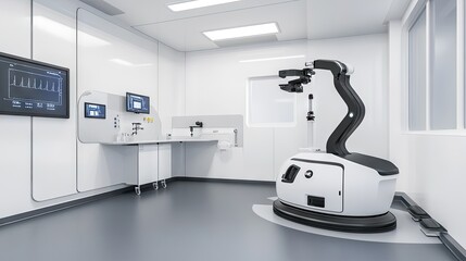 Poster - A sterile biotechnology research room with robotic systems, advanced equipment, and digital screens for futuristic experiments