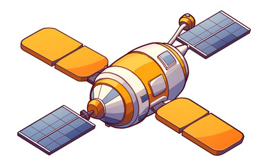 Aufkleber - colorful 3D cartoon satellite with solar panels and cylindrical body, isolated on transparency background, showcasing flat design style