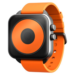 Poster - modern smartwatch icon with flat 3D cartoon design, featuring square black face and vibrant orange strap, isolated on transparency background