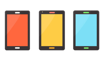 Poster - Three colorful flat design tablet icons with red, yellow, and blue screens isolated on transparency background, showcasing modern and minimalistic style