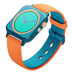 Aufkleber - modern 3D smartwatch icon with flat cartoon design, featuring vibrant orange strap and teal watch face with pink clock hands, isolated on transparency background
