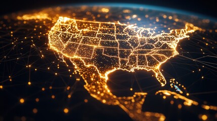 Poster - Illuminated Map of the United States in Digital Style at Night