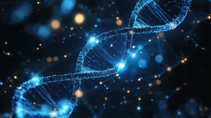 Poster - blue dna helix structure with glowing nodes on dark background