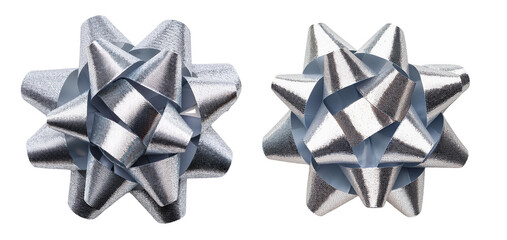 Two elegant silver gift bows perfect for decorating presents and festive occasions.