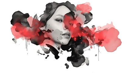 Aufkleber - surreal watercolor portrait blending woman face with abstract red and black ink splashes, creating dreamy and artistic composition
