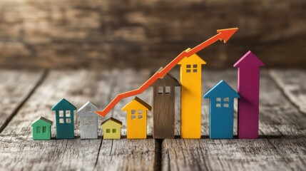 Poster - Colorful Mini Houses with Upward Trend Graph on Rustic Wood Background